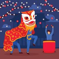 Lion Dance with Drummer Celebrate Chinese New Year vector