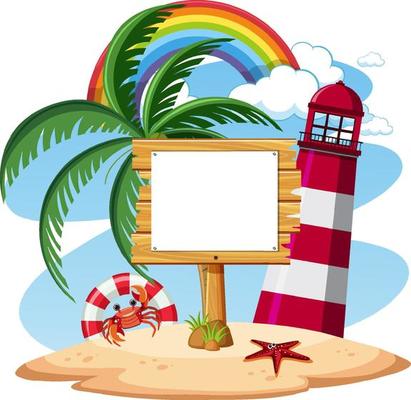 Blank banner template on the island with lighthouse isolated