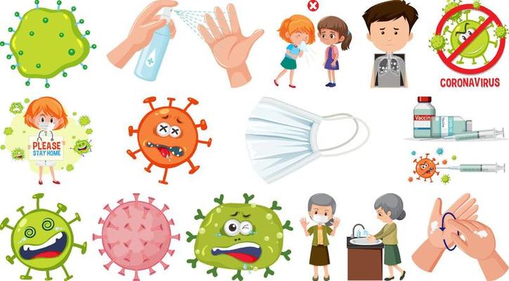 Cartoon character and Coronavirus vaccination isolated objects