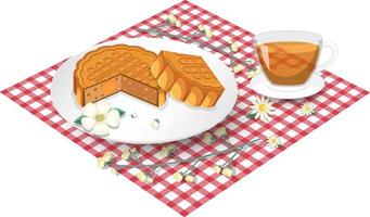 Lotus mooncake with teacup set on tablecloth vector