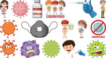 Cartoon character and Coronavirus vaccination isolated objects vector