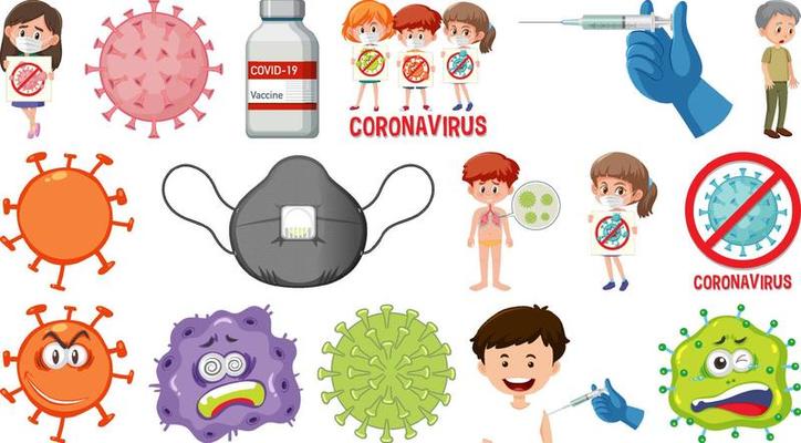 Cartoon character and Coronavirus vaccination isolated objects