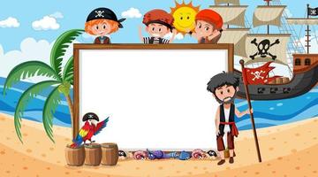 Plantilla de banner vacío con niños piratas en la escena diurna de la playa vector
