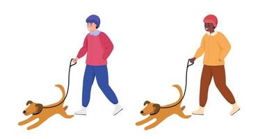 Hombre caminando con perro juego de caracteres vectoriales de color semi plano. posando figuras. personas de cuerpo entero en blanco. Ilustración de estilo de dibujos animados moderno aislado de invierno para diseño gráfico y paquete de animación vector