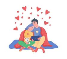 Couple watching movie semi flat color vector characters. Sitting figures. Full body people on white. Cuddling people isolated modern cartoon style illustration for graphic design and animation
