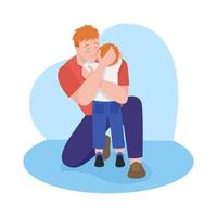 Emotional connection with toddler 2D vector isolated illustration. Father hugging little boy flat characters on cartoon background. Spending time with kid. Dad-son bonding colourful scene