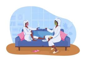 Spa atmosphere at home 2D vector isolated illustration. Applying face masks and drinking tea. Mom and daughter flat characters on cartoon background. Doing self-care activity together colourful scene