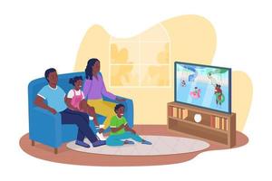 Watching old family videos and photos 2D vector isolated illustration. Happy family members sitting on sofa flat characters on cartoon background. Creating close family bond colourful scene