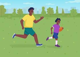 jugando al fútbol americano con la ilustración de vector de color plano de papá. campo de entrenamiento. corriendo entrenador de fútbol y niño. Sonriente padre e hijo personajes de dibujos animados 2d con campo verde en el fondo