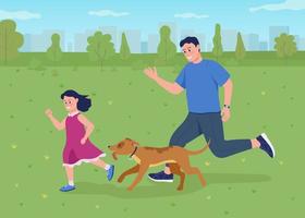 Playing with dog outside flat color vector illustration. Dog park visit. Active family bonding. Running father and daughter with pet 2D cartoon characters with green landscape on background