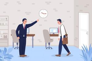 Late to work flat color vector illustration. Boss angry at employee for tardiness. Challenges at office job. Colleagues 2D cartoon characters with corporate workplace interior on background