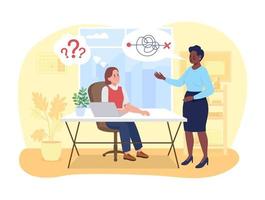 Confusing work strategy 2D vector isolated illustration. Poor management skills of executive in office. Frustrated coworkers flat characters on cartoon background. Workplace challenges colourful scene