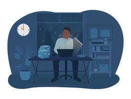 Late at night in office 2D vector isolated illustration. Challenges of office work. Tired and frustrated employee sitting at desk flat characters on cartoon background. Workload colourful scene