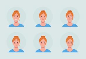 Redhead woman with different emotions semi flat color vector character avatar set. Portrait from front view. Isolated modern cartoon style illustration for graphic design and animation pack