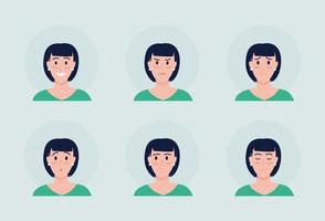Rostro femenino con varias emociones conjunto de avatar de carácter vectorial de color semi plano. retrato de la vista frontal. Ilustración de estilo de dibujos animados moderno aislado para diseño gráfico y paquete de animación vector