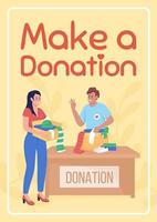 Make donation poster flat vector template. Sniglet font used. Brochure, booklet one page concept design with cartoon characters. Toys and clothes for charity flyer, leaflet with copy space