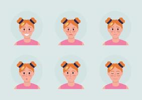 Redhead girl with different emotions semi flat color vector character avatar set. Portrait from front view. Isolated modern cartoon style illustration for graphic design and animation pack