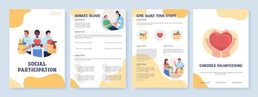 Social participation in charity flat vector brochure template. Flyer, booklet, printable leaflet design with flat illustrations. Magazine page, cartoon reports, infographic posters with text space