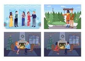 Christmas holiday preparation flat color vector illustration set. Elegant party. Tree farm. Romantic dinner. People celebrating winter holidays 2D cartoon characters with interior on background bundle