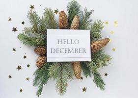 Hello December greeting card, fir tree branches, cones and festive decor on white background, flat lay photo