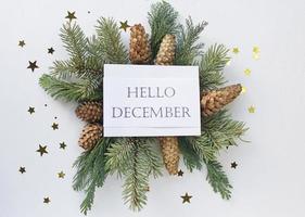 Hello December greeting card, fir tree branches, cones and festive decor on white background, flat lay photo