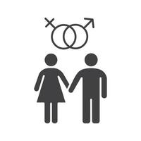 Heterosexual couple icon. Silhouette symbol. Man and woman. Mars and Venus signs. Negative space. Vector isolated illustration