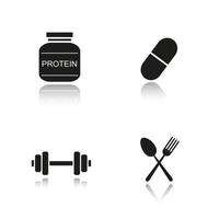 Bodybuilding drop shadow black icons set. Protein powder, bcaa pill, gym dumbbell and diet symbols. Healthy lifestyle. Workout. Isolated vector illustrations