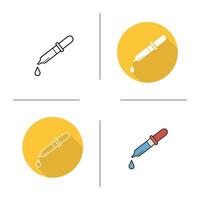 Pipette flat design, linear and color icons set. Laboratory equipment. Dropper. Contour and long shadow symbols. Medical pipette logo concepts. Isolated vector illustrations. Infographic elements