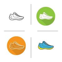 Sneaker flat design, linear and color icons set. Modern sport footwear. Sport shoe. Contour and long shadow symbols. Sneaker logo concepts. Isolated vector illustrations. Infographic elements