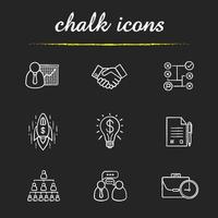 Business icons set. Teamwork, company hierarchy and work management. Presentation with graph, signed contract and handshake illustrations. Business isolated vector chalkboard drawings