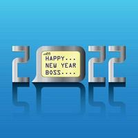 new year 2022 design with silver color and the words happy new year boss in the middle of the zero which is an illustration of a digital clock, perfect for beautifying your new tajun design in 2022 vector