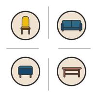 Sitting furniture color icons set. Modern house interior items. Upholstered chair, stool, sofa and wooden bench. Vector isolated illustrations