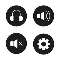 Music player interface black icons set. Headphones, mute on, mute off and settings symbols. Smartphone interface icons. White silhouettes illustrations. Vector music player interface logo concepts