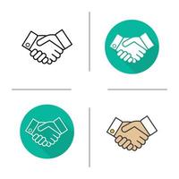 Handshake flat design, linear and color icons set. Business agreement. Partnership. Contour and long shadow symbols. Shaking hands logo concepts. Isolated vector illustrations. Infographic elements