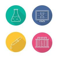 Conjunto de iconos de larga sombra lineal plana de equipos de laboratorio. frasco de laboratorio y pipeta. gradilla de tubos de ensayo y fórmula de investigación de hebra de adn. vector