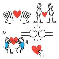 Conjunto de iconos de línea de vector de amistad y amor dibujados a mano. relación, entendimiento mutuo, asistencia mutua, interacción. estilo doodle