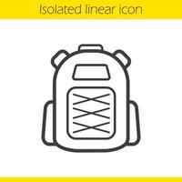 Backpack linear icon. Schoolbag thin line illustration. Tourist's equipment. Student's schoolbag. Contour symbol. Backpack logo concept. Vector isolated outline drawing