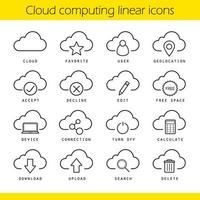 Cloud computing linear icons set. Geo location, favorite, free space, device connection and turn off symbols. Cloud computing concepts. Online data storage thin line isolated vector illustrations