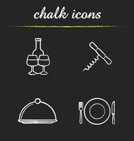 Restaurant kitchen equipment icons set. Wine bottle and glasses, corkscrew, covered dish, fork, plate and knife illustrations. Eatery isolated vector chalkboard drawings