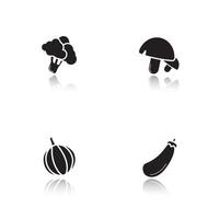 Vegetables drop shadow black icons set. Mushrooms, broccoli, garlic and eggplant. Isolated vector illustrations