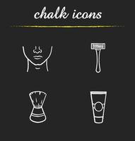 Shaving icons set. Shaving cream, man's face, razor and shaving brush illustrations. Barbershop accessories isolated vector chalkboard drawings