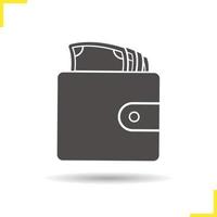 Wallet with money icon. Drop shadow silhouette symbol. Men's purse. Vector isolated illustration
