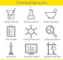Chemical laboratory equipment linear icons set. Beaker with rod, chemical reaction and test checklist. Molecule structure and lab burner. Chemistry lab tools. Thin line. Isolated vector illustrations