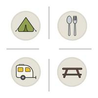 Camping color icons set. Tent, fork and spoon, trailer and picnic table. Vector isaolated illustrations