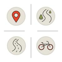 Bike travelling color icons set. Pinpoint, forest road, highway and bike. Vector isolated illustrations