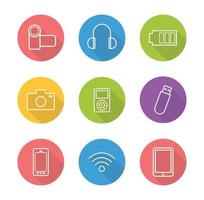 Consumer electronics flat linear long shadow icons set. Modern gadgets. Smartphone, tablet computer and camera. Outline consumer electronics logo concepts. Vector illustrations