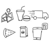 Conjunto simple dibujado a mano de iconos de líneas vectoriales relacionadas con la entrega de alimentos. con fondo aislado estilo doodle vector
