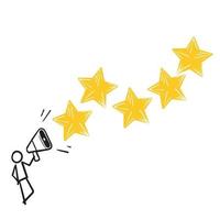 icono de retroalimentación de experiencia de usuario dibujado a mano, figura de palo con símbolo de estrellas para clientes que evalúan el producto, revisión de productos de consumo. estilo doodle vector