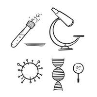 Conjunto dibujado a mano de laboratorio de química e iconos esquemáticos que muestran una variedad de experimentos, cristalería y moléculas aisladas en blanco para elementos de diseño en estilo doodle vector