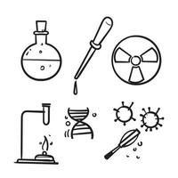 Conjunto dibujado a mano de laboratorio de química e iconos esquemáticos que muestran una variedad de experimentos, cristalería y moléculas aisladas en blanco para elementos de diseño en estilo doodle vector